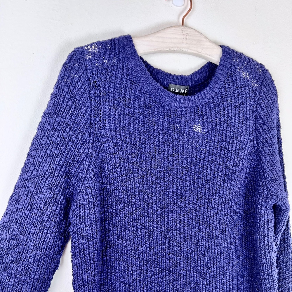 Ceny Womens Blue Open Knit Crew Neck Long Sleeve Sweater - Picture 5 of 6
